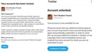 आईटी मिनिस्टर रविशंकर प्रसाद का अकाउंट(Twitter blocked the account of IT Minister Ravi Shankar Prasad